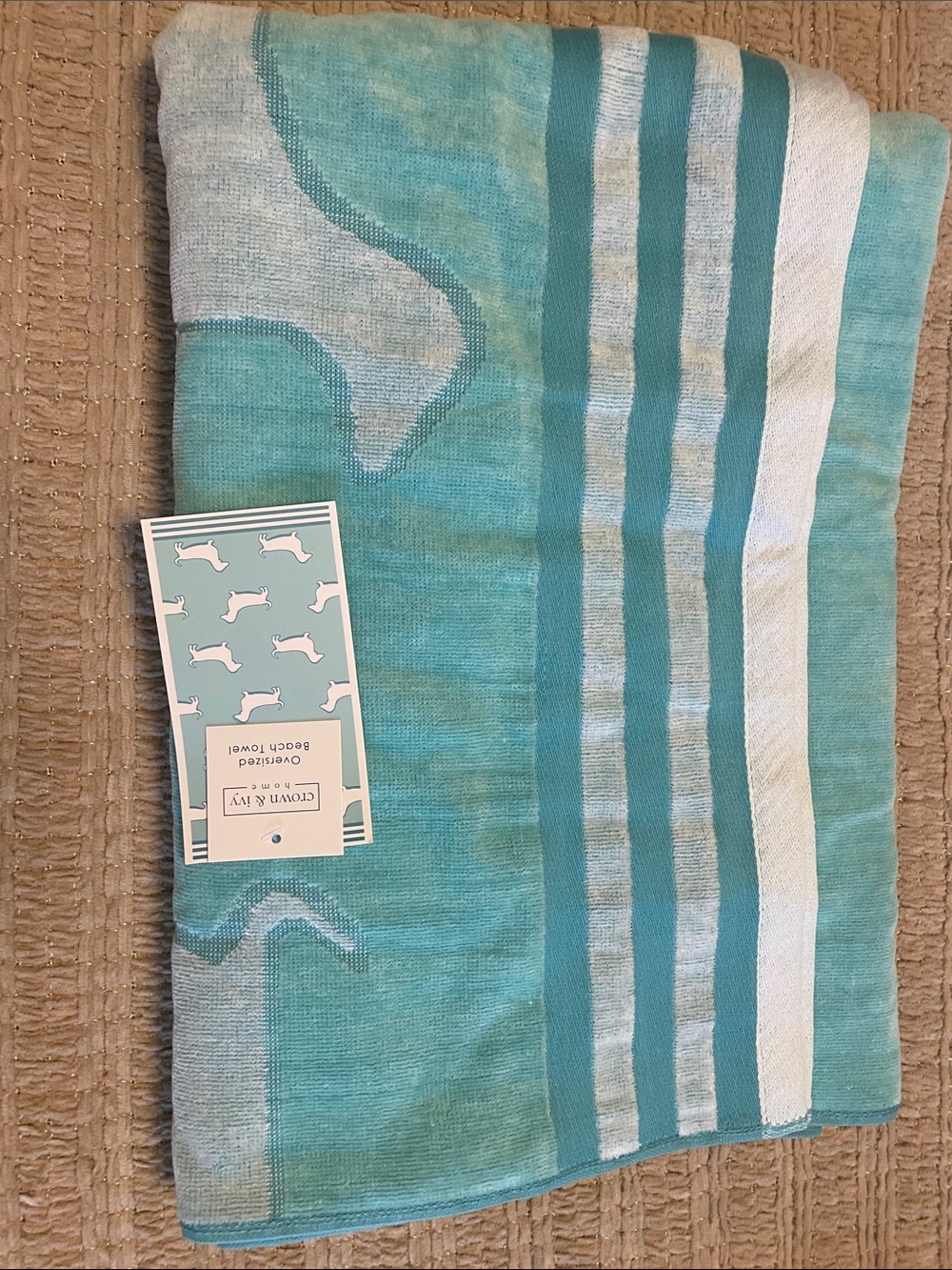 crown & ivy Teal and White Oversized Beach Towel with Dachshund Print